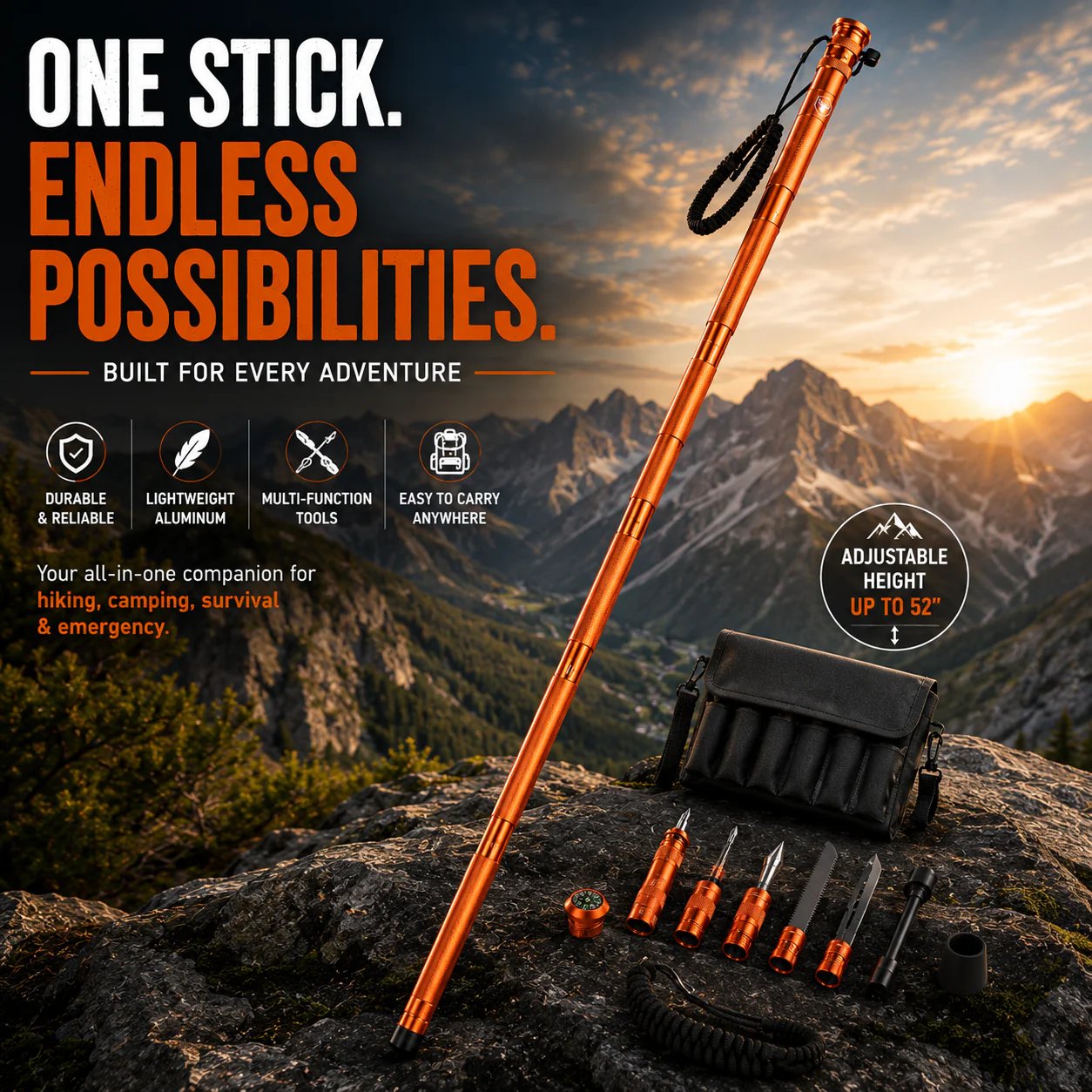 Survival Hiking Stick – Adjustable Trekking Pole with Built-In Outdoor Survival Tools
