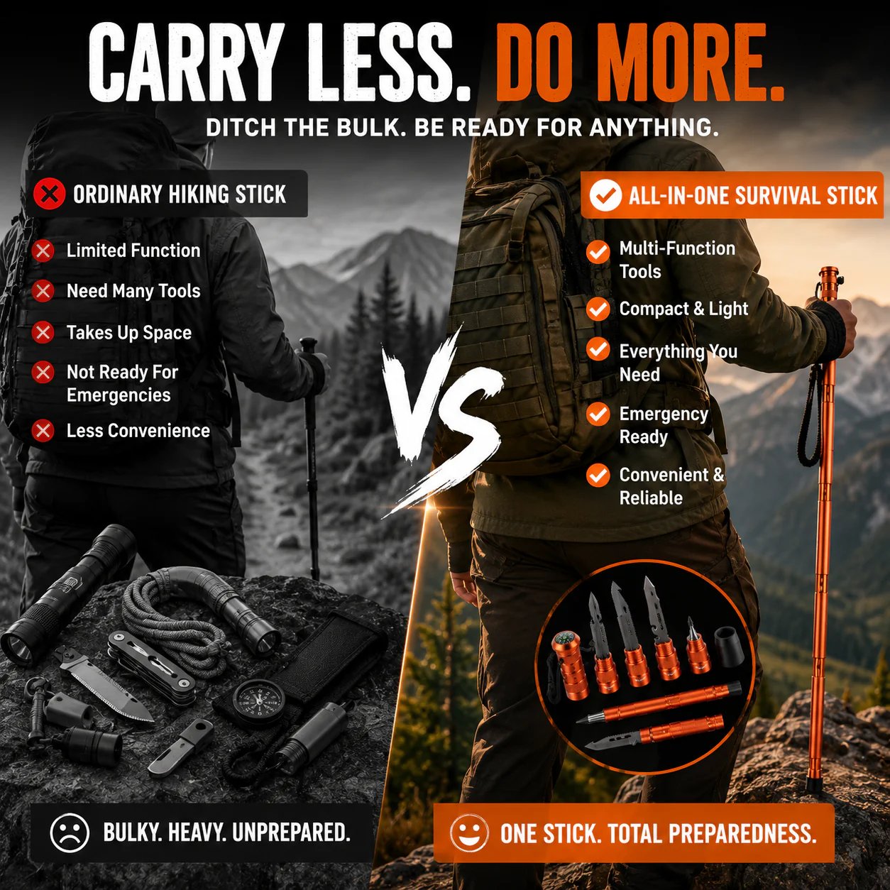 Survival Hiking Stick – Adjustable Trekking Pole with Built-In Outdoor Survival Tools