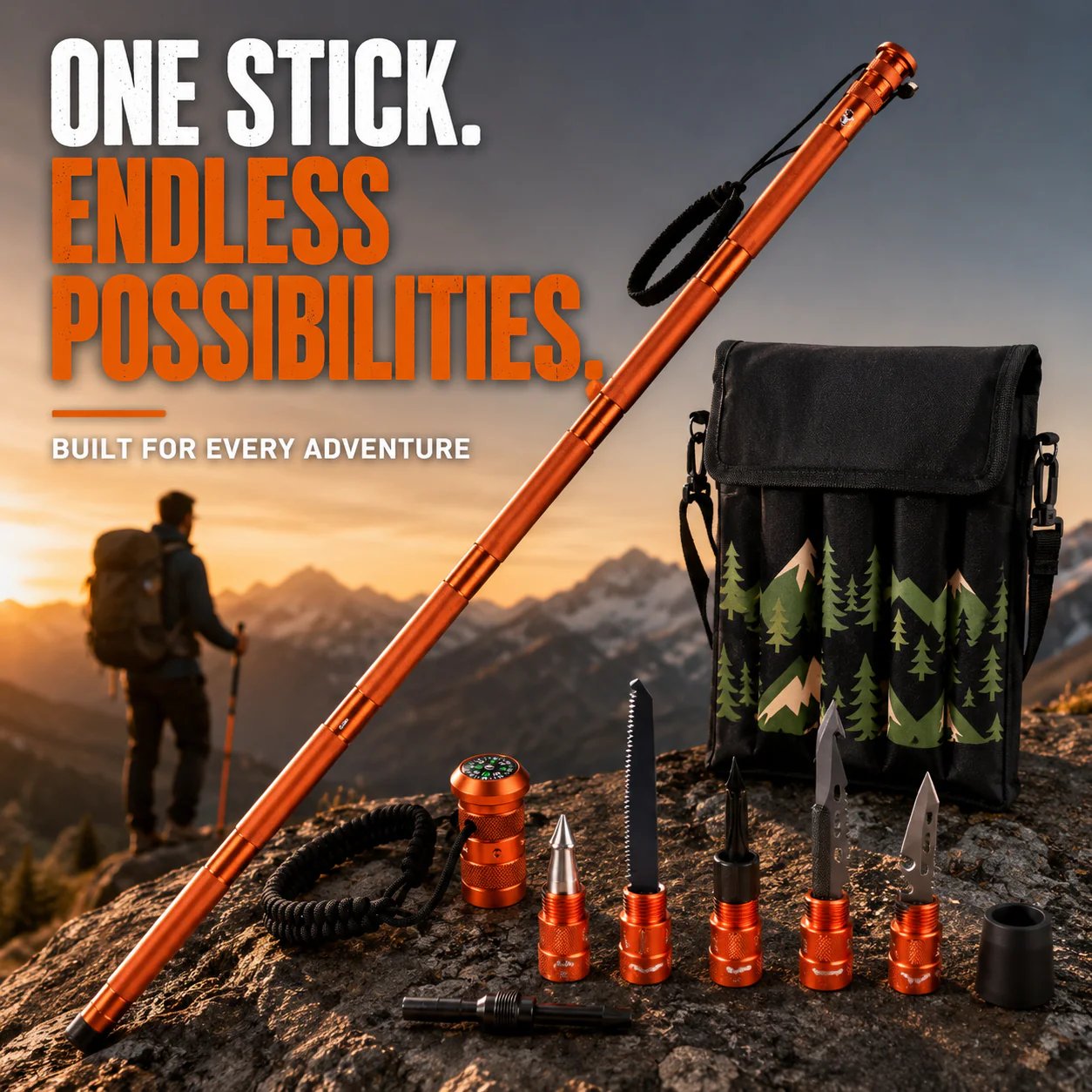 Survival Hiking Stick – Adjustable Trekking Pole with Built-In Outdoor Survival Tools