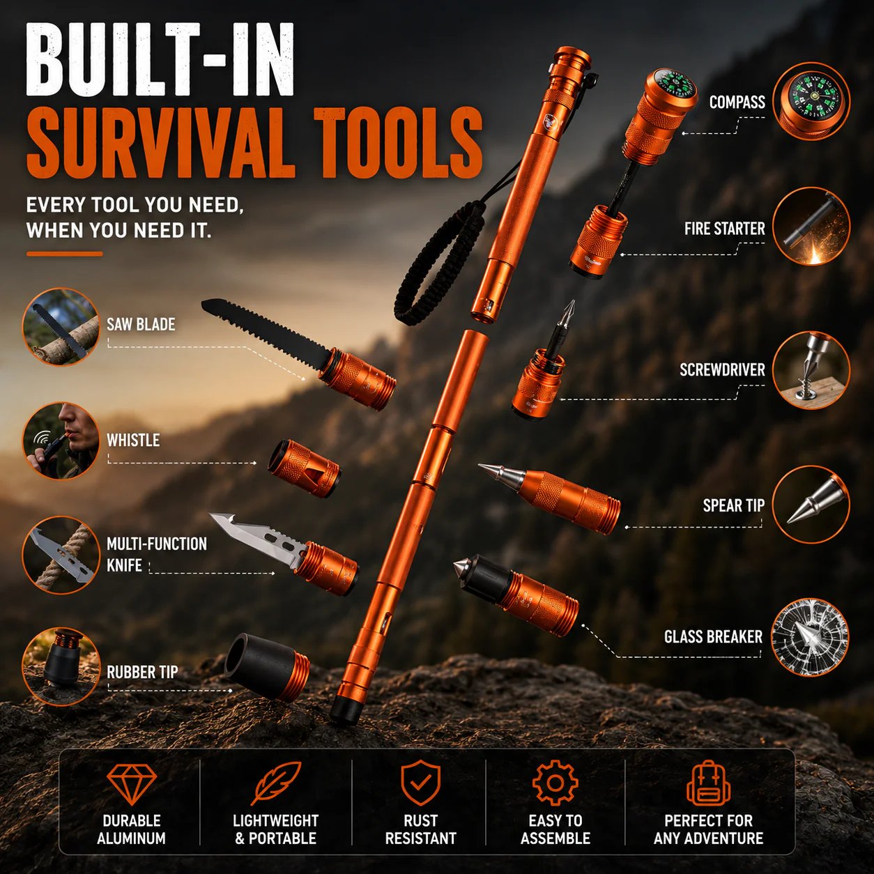 Survival Hiking Stick – Adjustable Trekking Pole with Built-In Outdoor Survival Tools