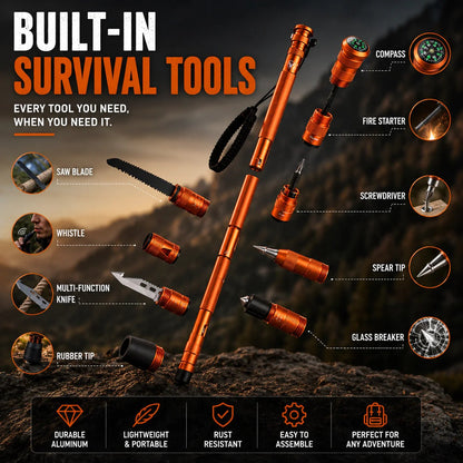 Survival Hiking Stick – Adjustable Trekking Pole with Built-In Outdoor Survival Tools